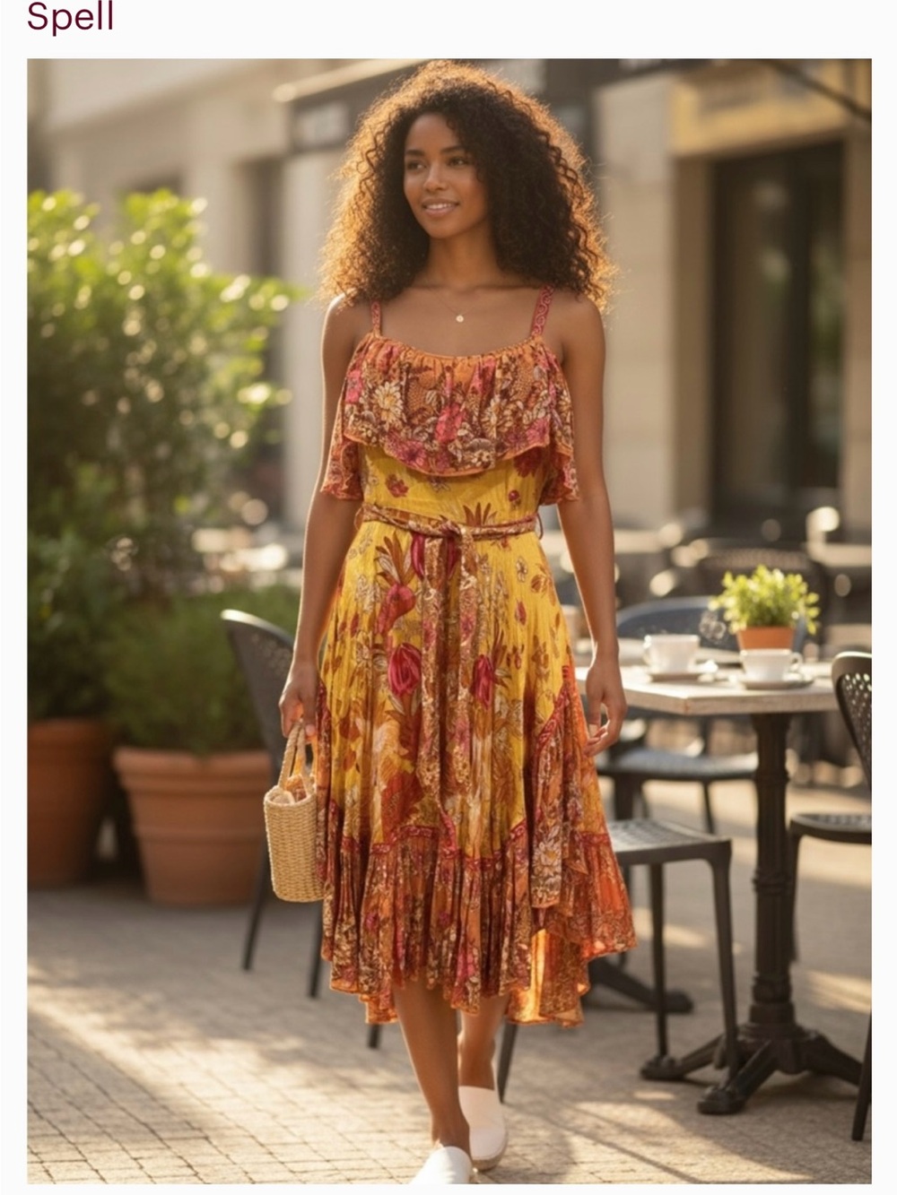 Spell and the Gypsy Strapless Floral Ruffle Midi Dress in Mustard and Rust